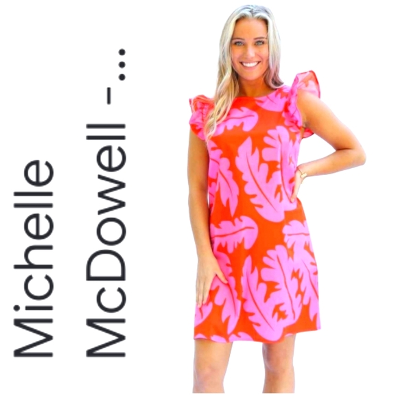 Nwot Michelle McDowell  Orange/Pink Cap Sleeve Leaf Shift Dress - Picture 1 of 15